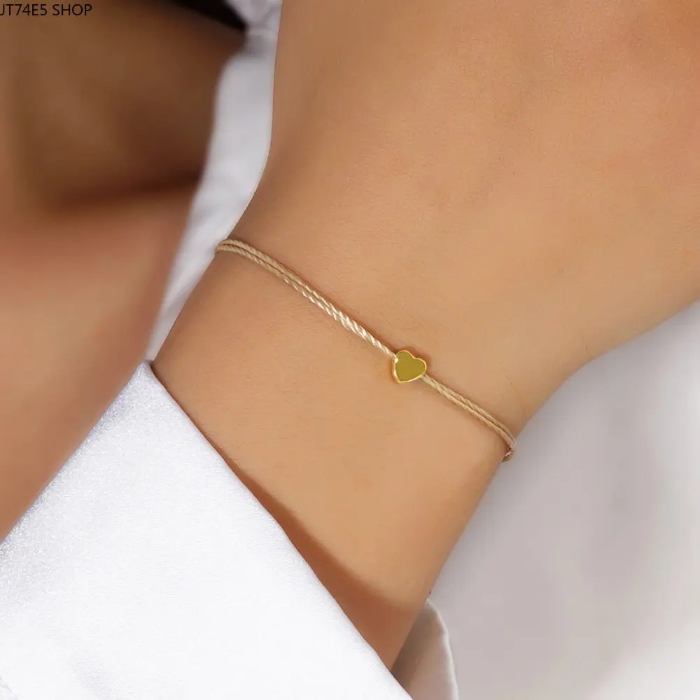 Minimal Small Fresh Peach Heart Copper Bead Bracelet, Sweet Khaki Strand Love Jewelry for Women