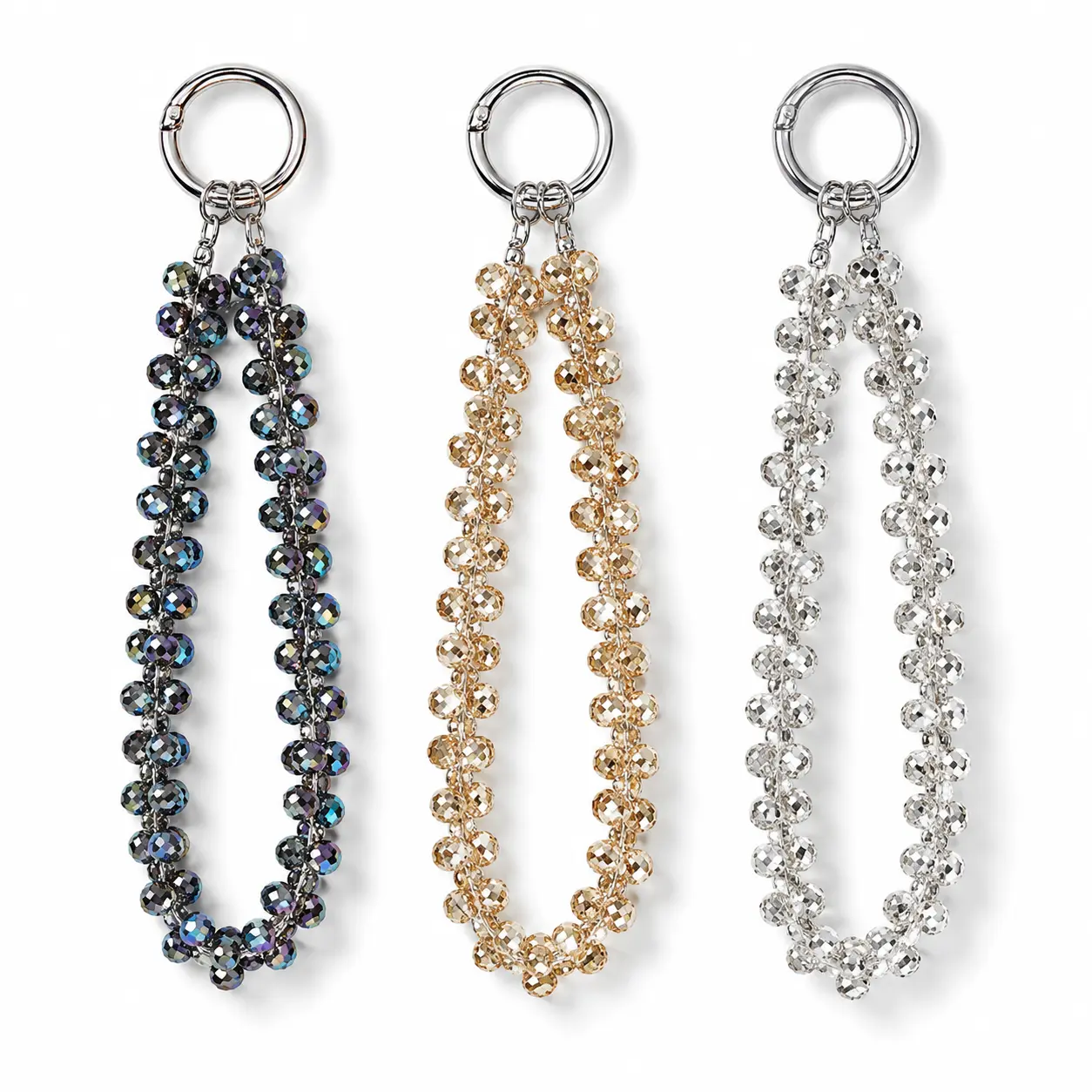 Double Strand Sparkling Crystal Bead Hand Strap Lanyard - Faceted Shine, Glamorous Look, Spring Clasp Multi-Color Wrist Keychain Phone Chain Pendant (Home Organizer Accessory)