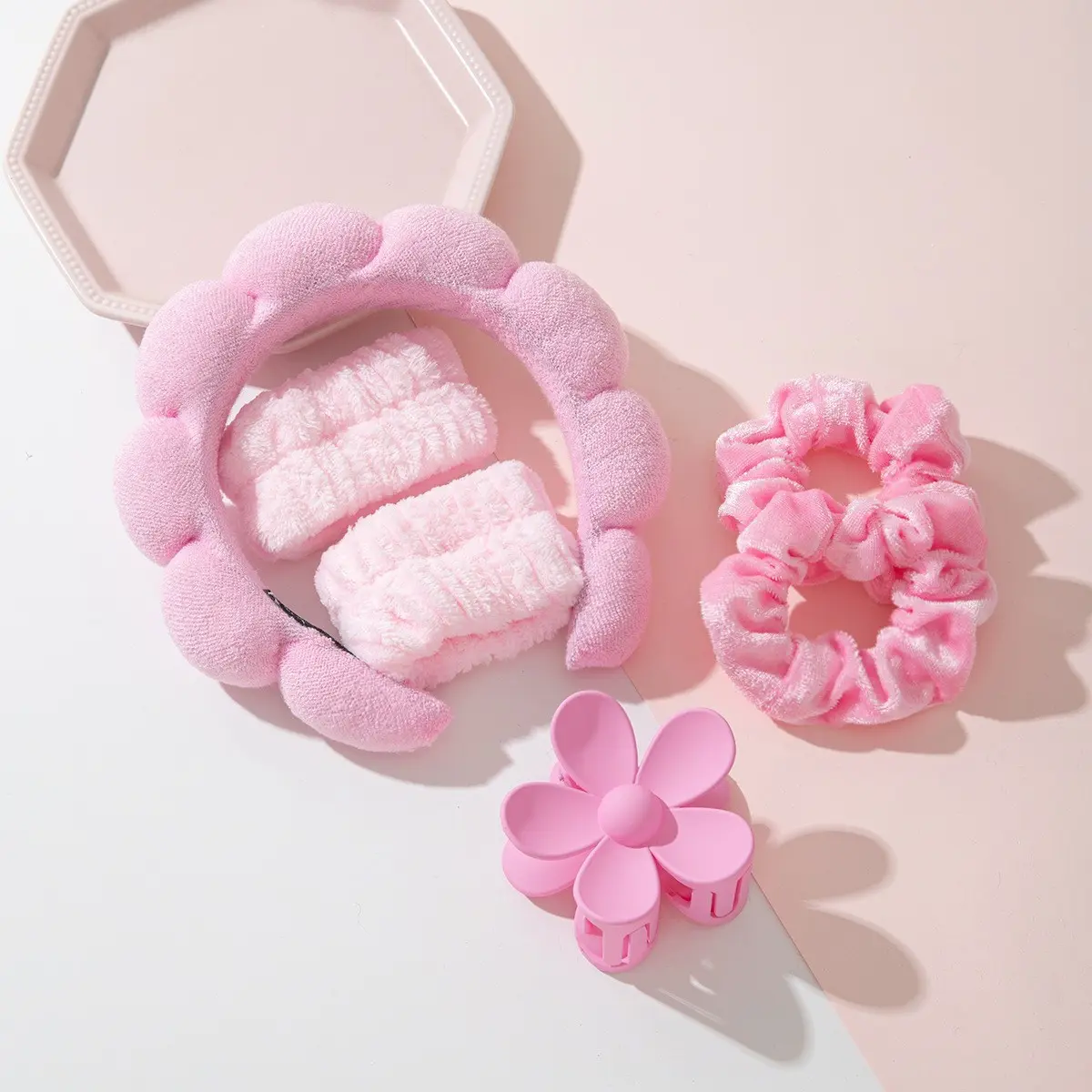 3-in-1 Cloud Bubble Fluffy Coral Fleece Spa Set - Headband, 2 Sweat Wristbands, Flower Claw Clip, Soft Hair Wrap for All Daily Face Washing, Skincare, Facial Mask Use