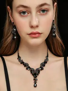 3PCS Jewelry Set, 18K Gold Tone Plated & Black Gun Tone Two Color Options, Teardrop Cubic Zirconia Floral V-Neck Necklace, Long Drop Earrings & Link Bracelet, Hypoallergenic Tarnish Free, Gothic Luxury Bridal Wedding Evening Prom Party Jewelry Gift