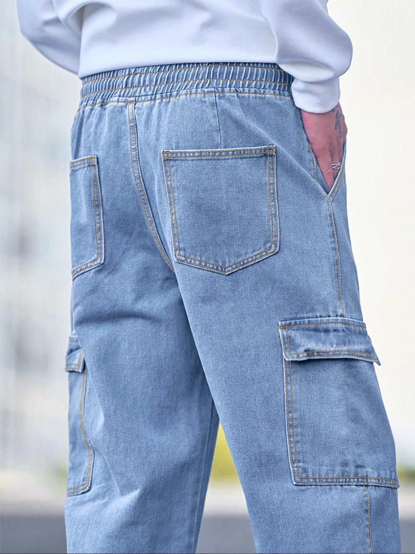 Men's Solid Flap Pocket Cargo Jeans, Loose Casual Street Fashion Denim Pants for Daily Wear, Men's Trousers for All Seasons, Streetwear