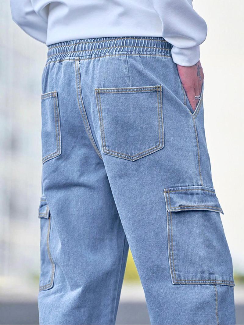 Men's Solid Flap Pocket Cargo Jeans, Loose Casual Street Fashion Denim Pants for Daily Wear, Men's Trousers for All Seasons