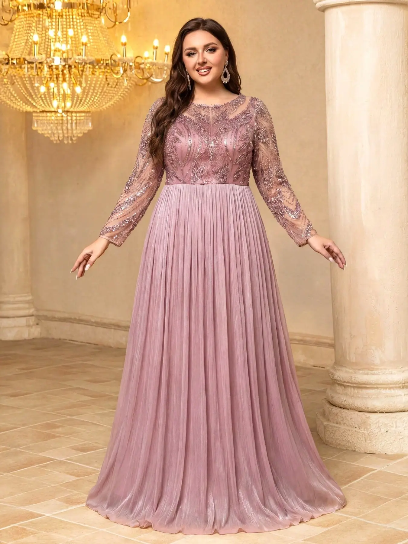 Plus Size Women's Round Neck Beaded Long Sleeve Maxi Dress, Sequin Patchwork Chiffon Waist Cinch Floor-Length Party Evening Gown