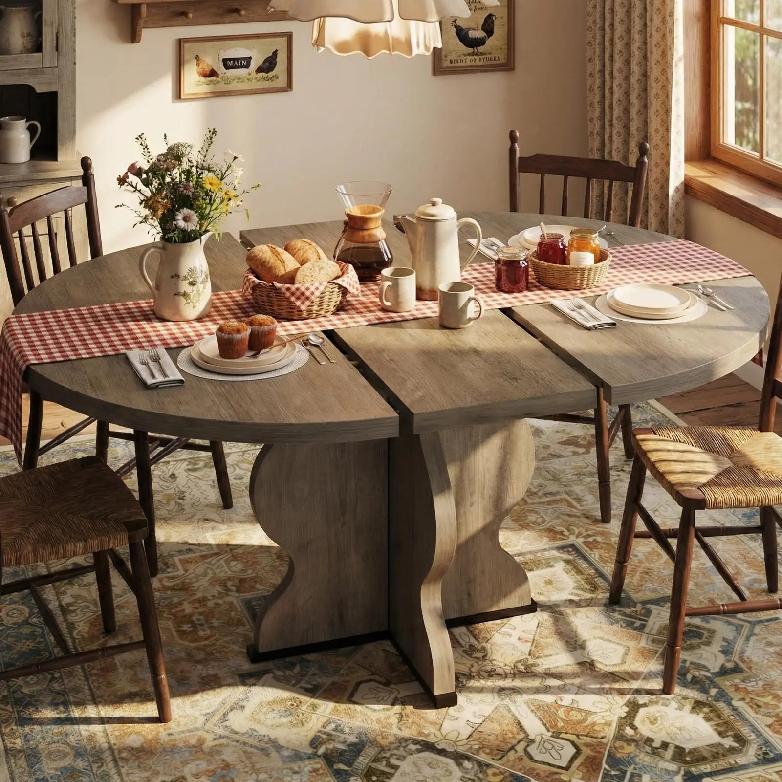 Extendable Oval Dining Table for 4-8 – Farmhouse Kitchen Table – 47"-63" Expandable Top – Sturdy Metal Frame – Space-Saving Design – Walnut
