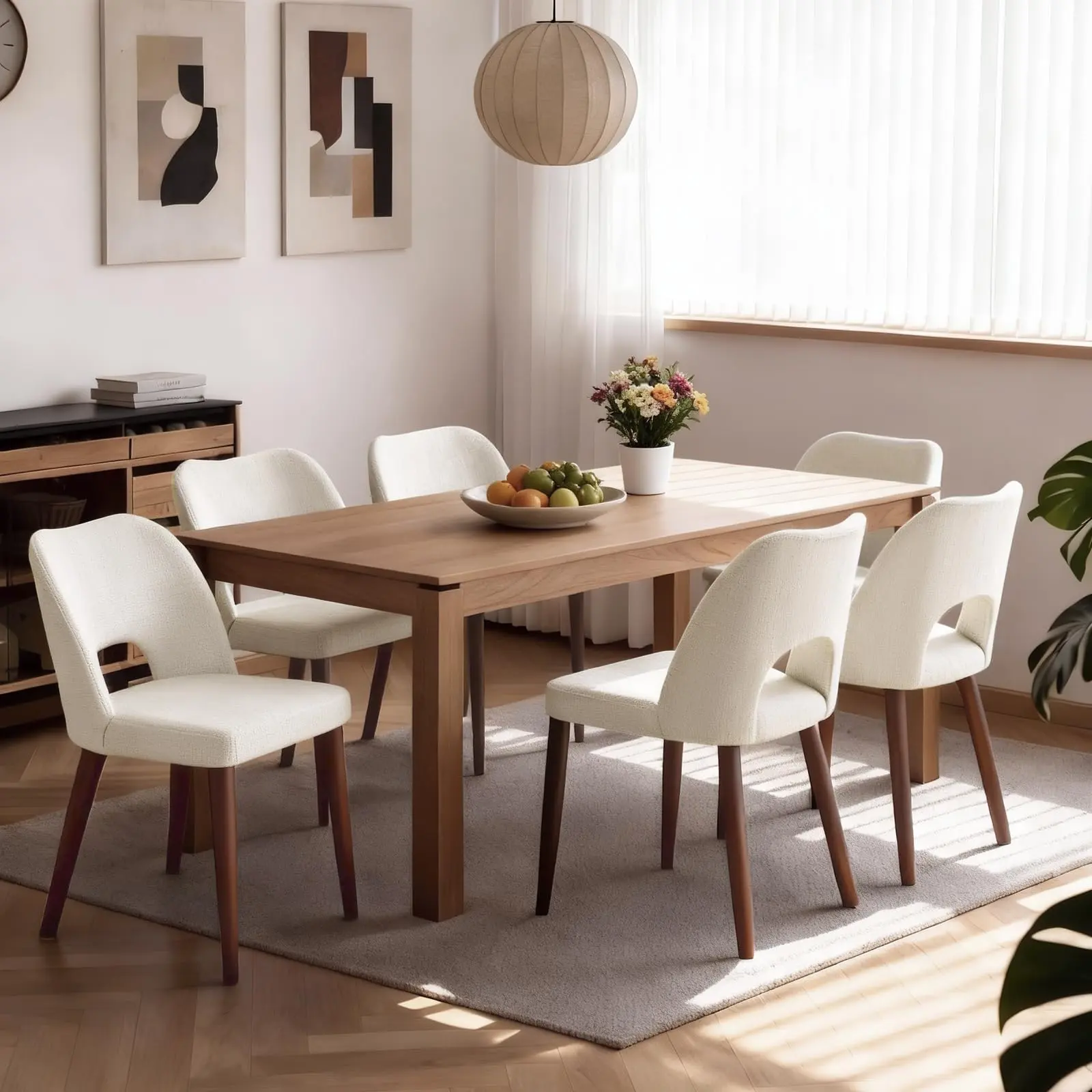 Modern Farmhouse Dining Chairs Set of 6 – Upholstered Wooden Seats, Hollow Back, Adjustable Foot Pads, Breathable Fabric – Comfortable Kitchen & Restaurant Furniture