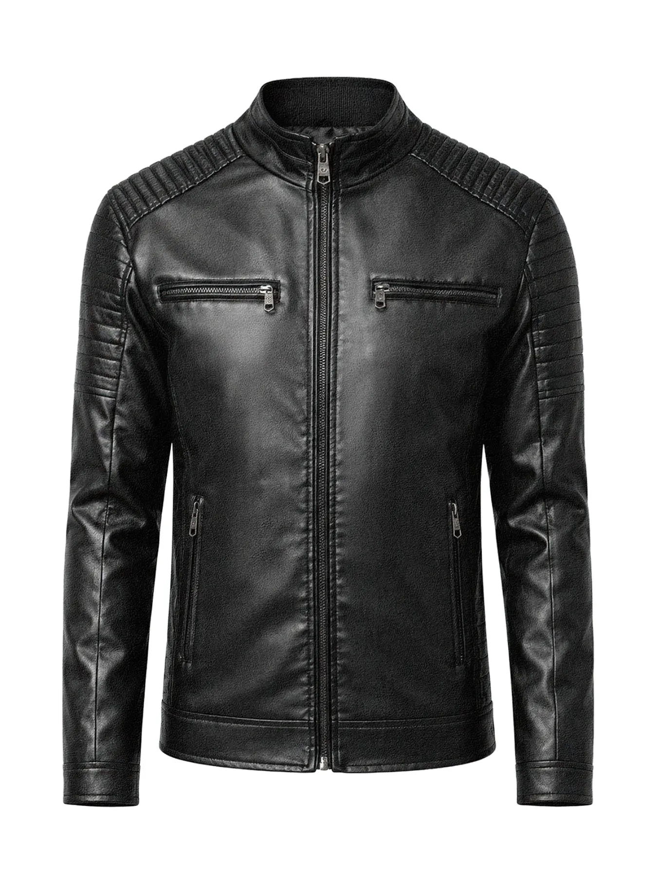 Men's Shoulder Stitched PU Leather Jacket, Stand Collar Slim Fit Multi-Zip Motorcycle Coat, Casual/riding Two-In-One Leather Jacket