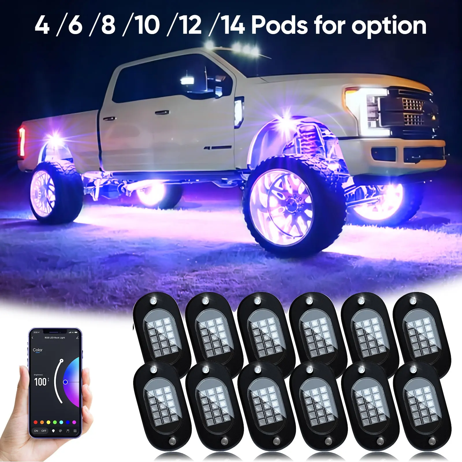 Super Bright RGB LED Rock Lights, Bluetooth APP Control Car Underglow Neon Lights, Music Mode Outside IP68 Waterproof Rock Light Pods Fit for Truck ATV UTV RZR SUV, Ideal Valentine Gifts for Men