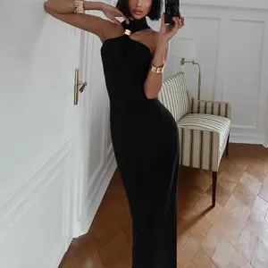 Women Halter Neck Metal Buckle Maxi Dress Sleeveless Backless Slim Fit Bodycon Mermaid Long Gown Elegant Formal Evening Date Night Outfit