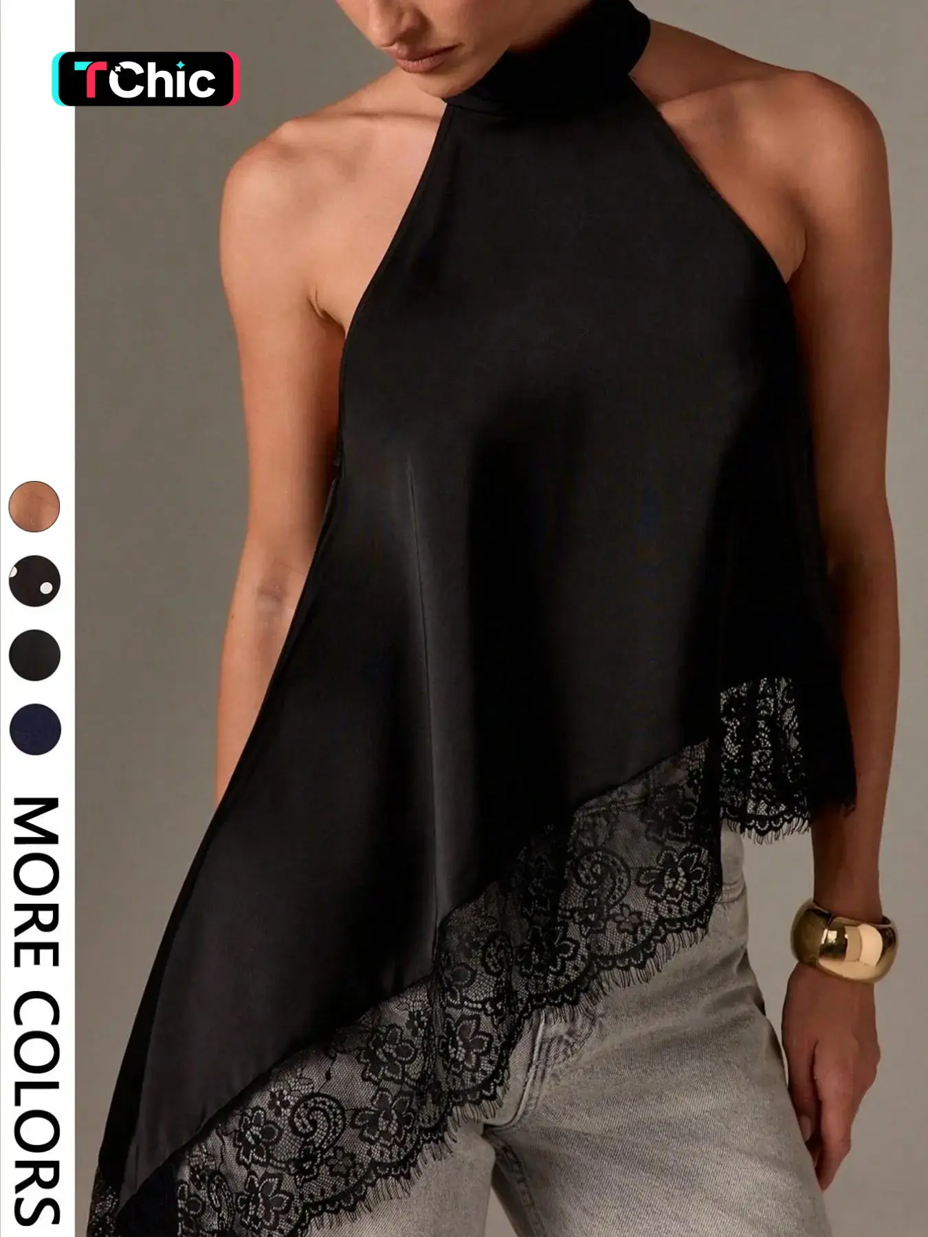 1 Piece Lace-Trimmed Halter Top | Euro-American Elegant Chic Vibe | Cold Shoulder Design + High Neck Halter | Sophisticated Pick for Holiday Nights / Formal Occasions