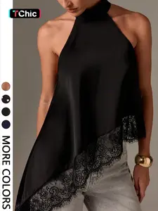 Women's Lace-Trimmed Halter Neck Top, Fitted Draped Sleeveless Blouse, Elegant Chic Style for Date Night, Evening Events & Formal Occasions, Womenswear, Elegance