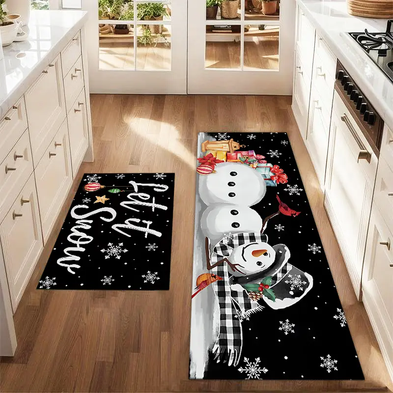 2pcs Christmas Snowman Floor Mat Set Farmhouse Kitchen Carpet Restaurant Floor Laundry Room Decoration Carpet Mat