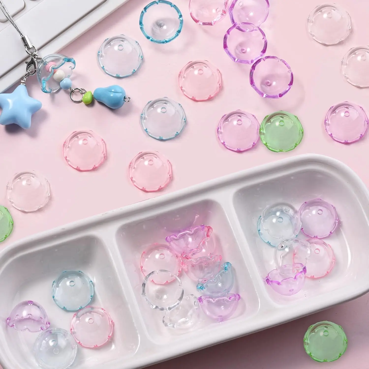 50 count  Clear Flower Bead Caps for  Making, Transparent  Charms, Semi-Round Floral Beads Bulk with Wavy , Jellyfish Beads for Wind Chimes DIY Craft Key Chains-13 * 22mm