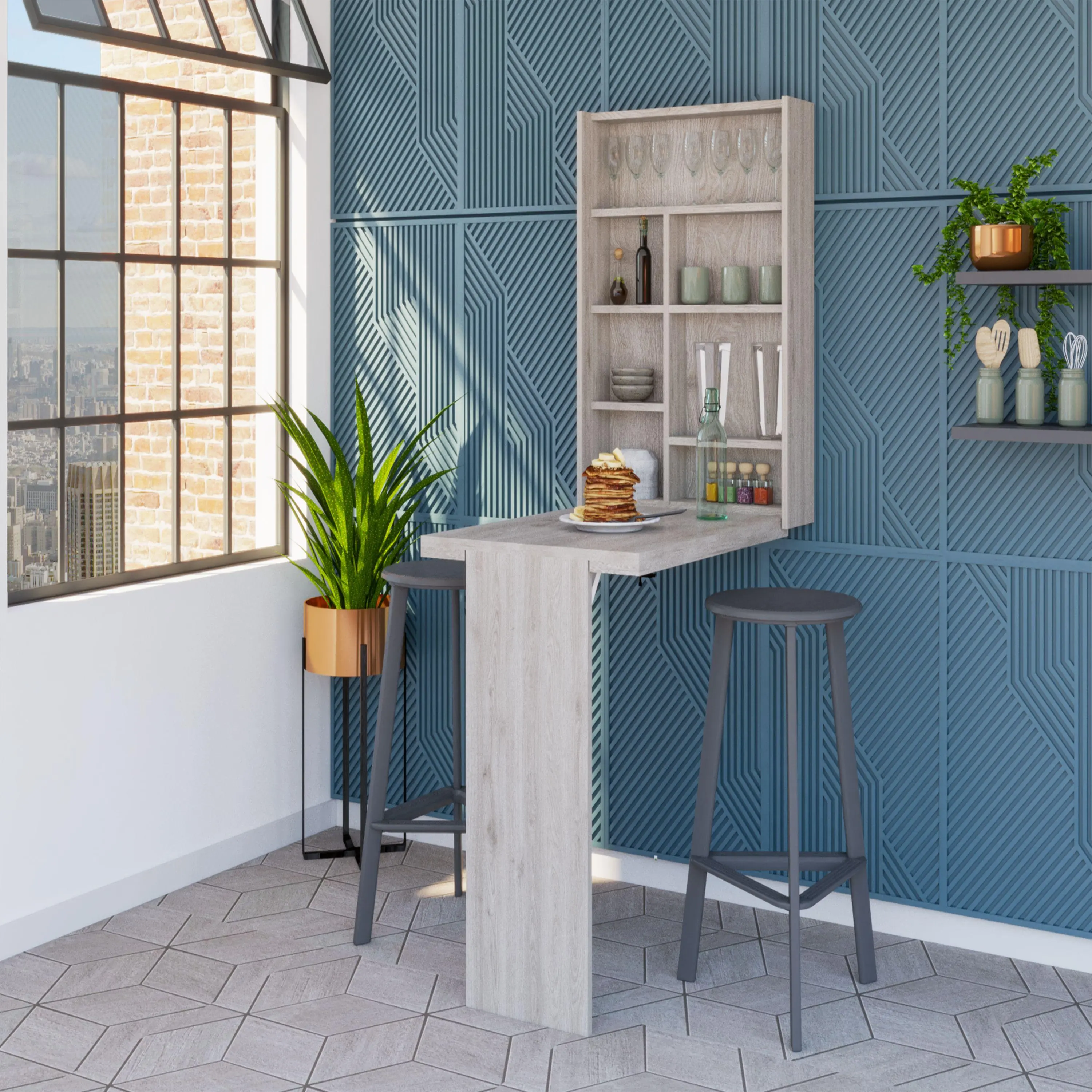 Wall-Mounted Foldable Table with 7-Shelf Hutch, Gray Particle Board Space-Saving Workstation for Living Room or Home Office