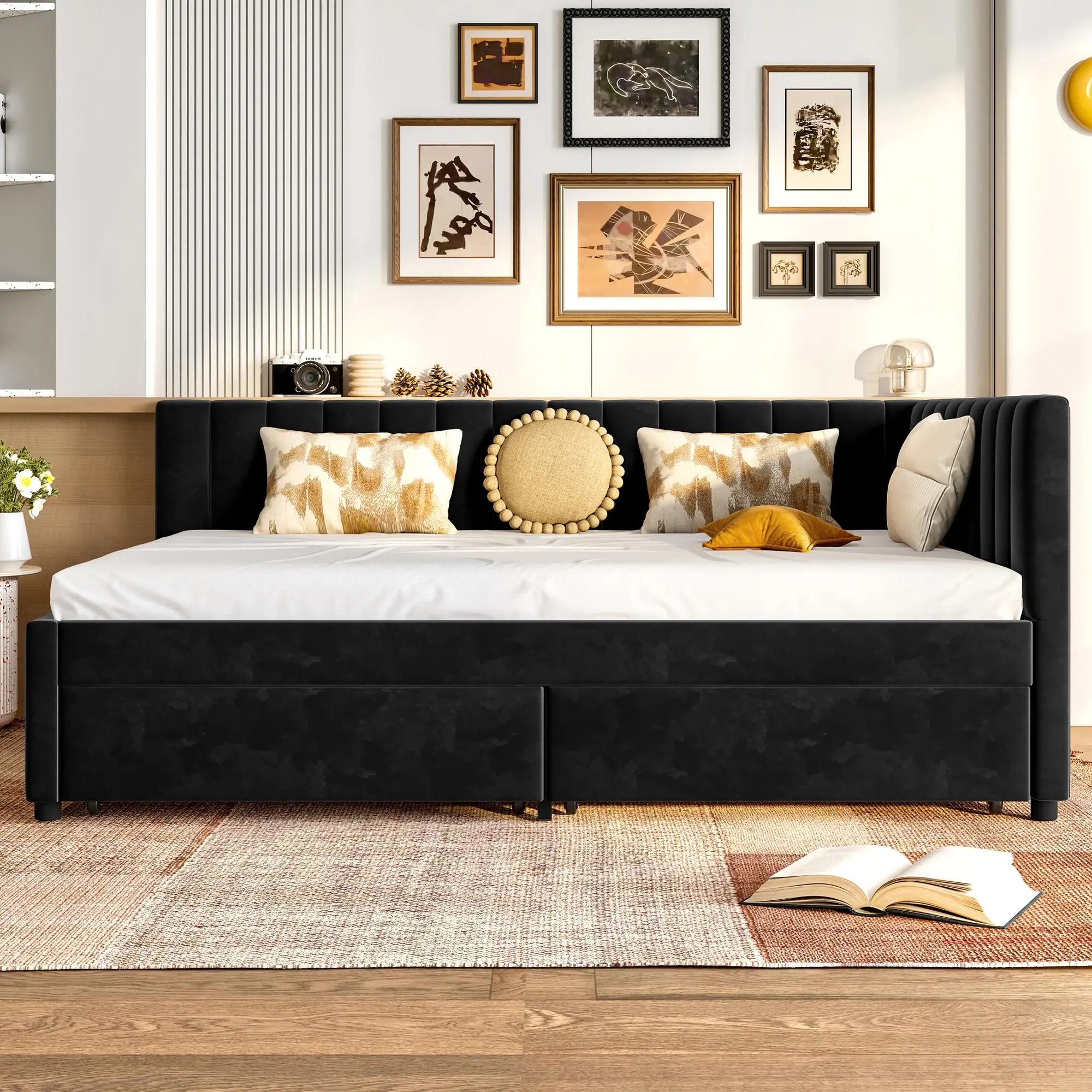 Full Size Velvet Daybed with Storage Drawers and L Shaped Headboard, Black Upholstered Corner Bed Frame for Living Room or Guest Room