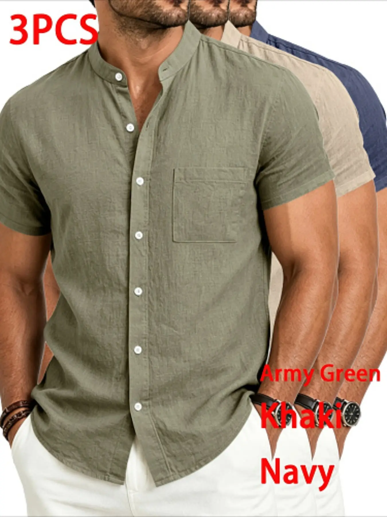 3pcs Summer Men's Stand Collar Linen Short Sleeve Shirts, Solid Color Breathable Lightweight Loose Fit Casual Shirts with Pockets, Casual Collared Shirt