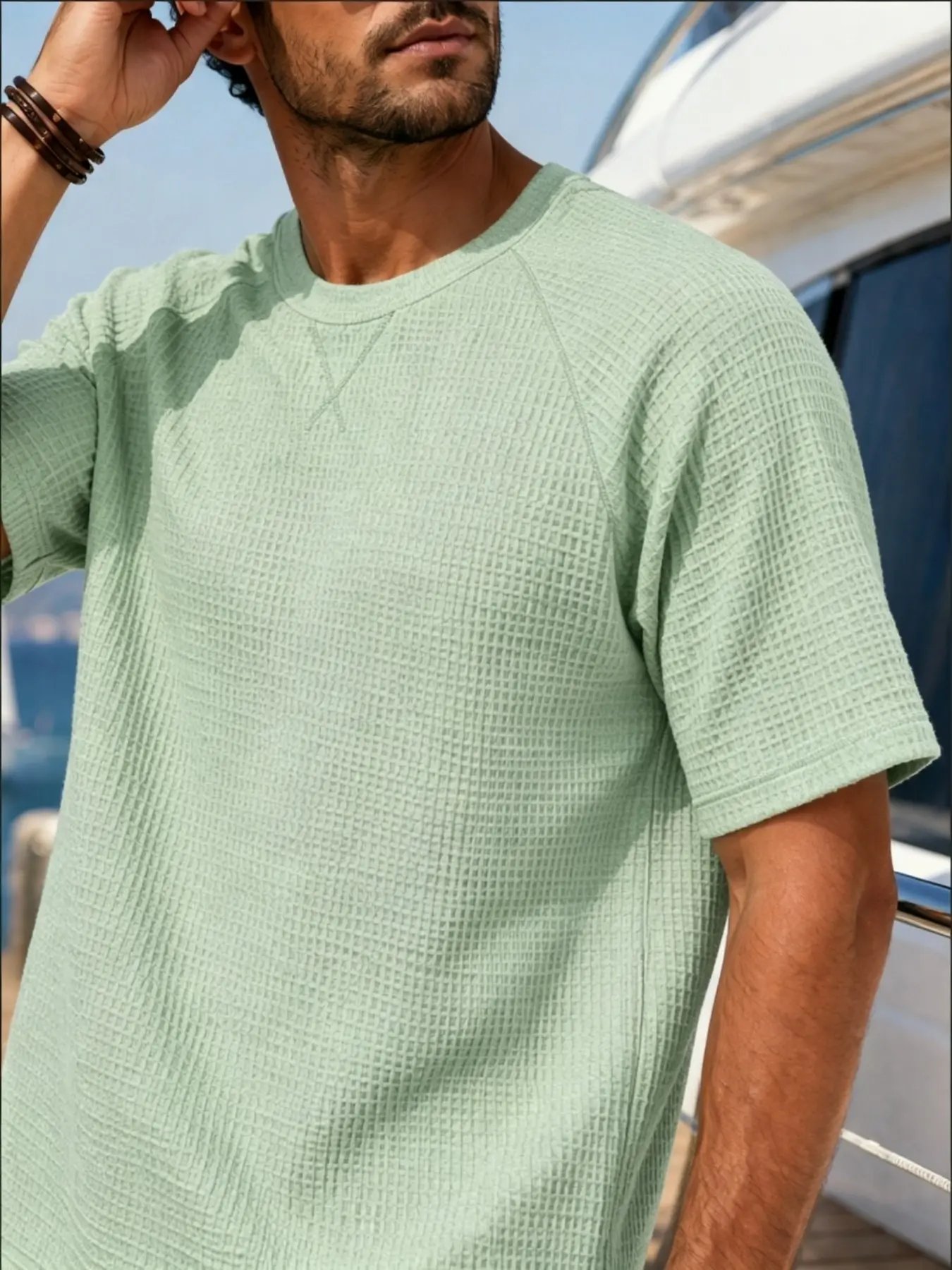 Summer Casual Loose Fit Relaxed Fit Fashion Solid Color Men's Commute Round Neck Waffle Texture Breathable Multifunctional Short Sleeve Tops T-Shirt