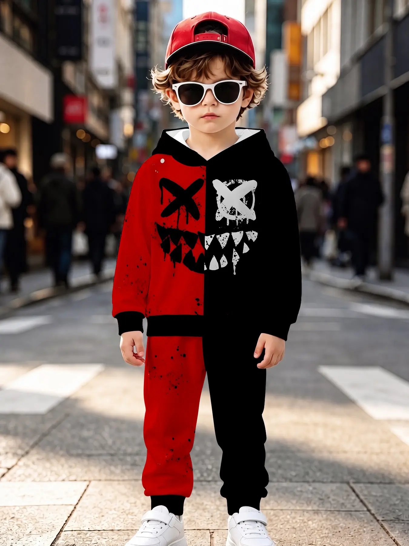 Trendy Ink Splash Graffiti Boys' Two-Piece Set, Casual Long Sleeve Sweatpants, Fall & Winter Loose-Fit Clothing for Kids