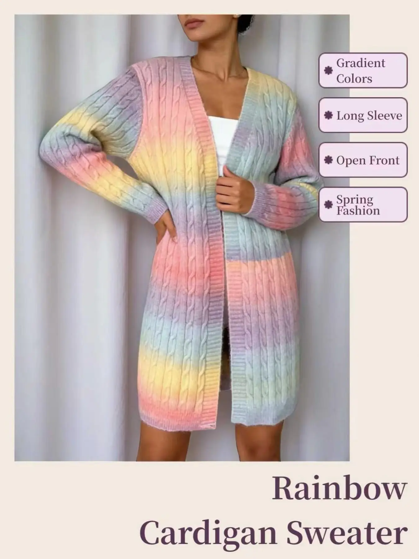 Women's Fall Winter Gradient Medium-Length Cardigan, Elegant Long Sleeve Rainbow Stripe Sweater, Loose-Fit H-Type Design for Casual Occasions