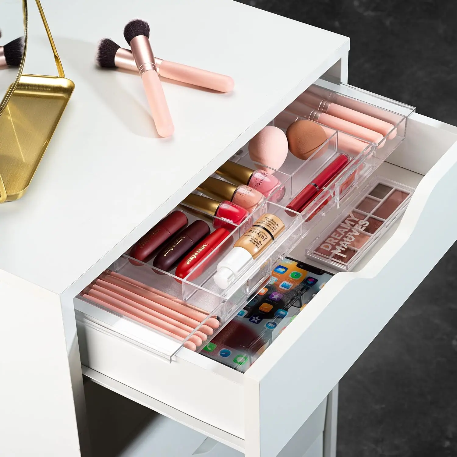 Expandable Drawer Organizer - Customizable Makeup  Organizing Storage Tray for Bathroom, Bedroom & Desk Drawers - Clear Plastic  Organizers with Expanding Compartment (Set of 2)