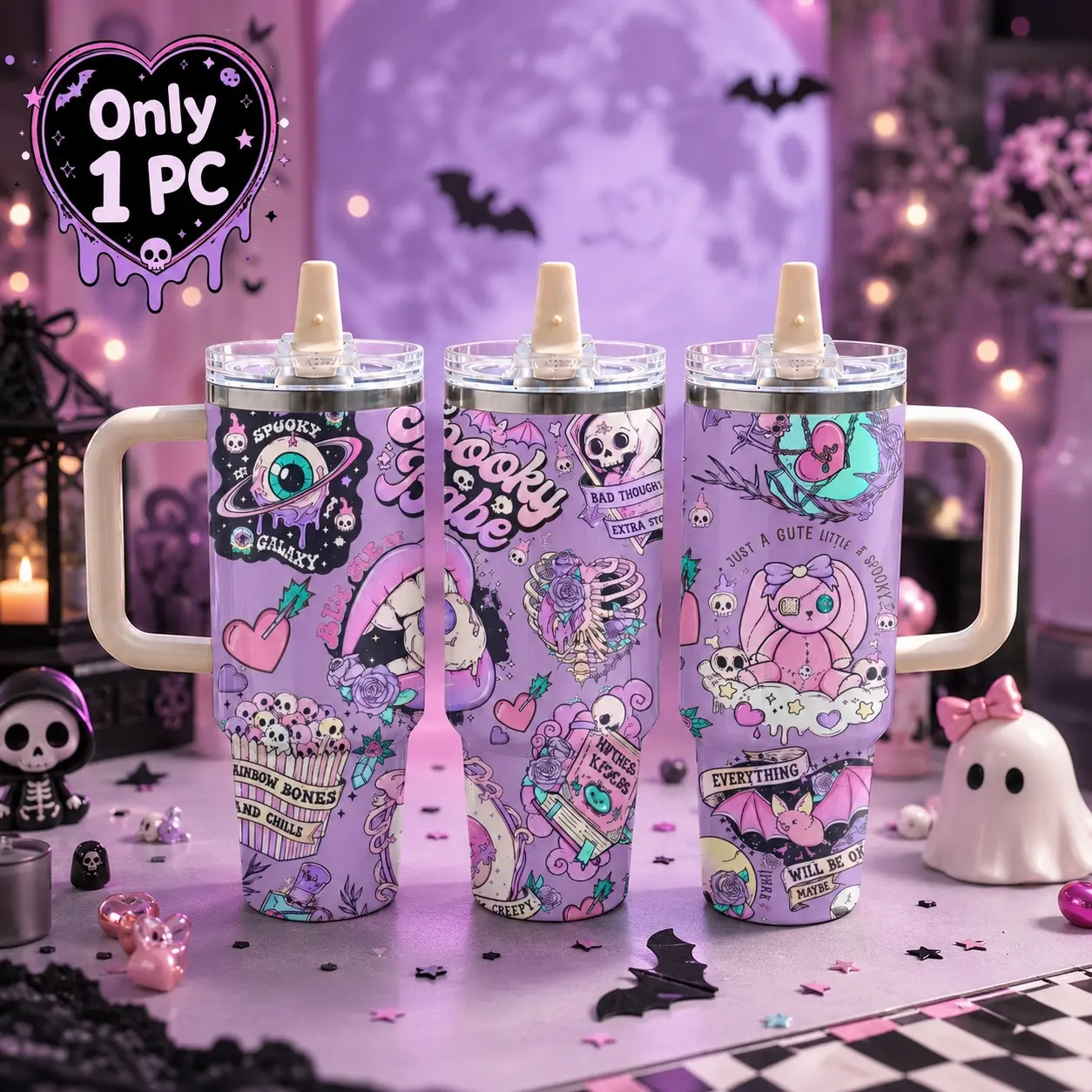 Pastel Goth Spooky Cute 40oz Tumbler with Handle & Straw Lid, Leakproof Stainless Steel Insulated Travel Mug, Kawaii Ghost Cartoon Cup, Car Cup Holder Friendly Iced Coffee Water Bottle for Gym Office Gift