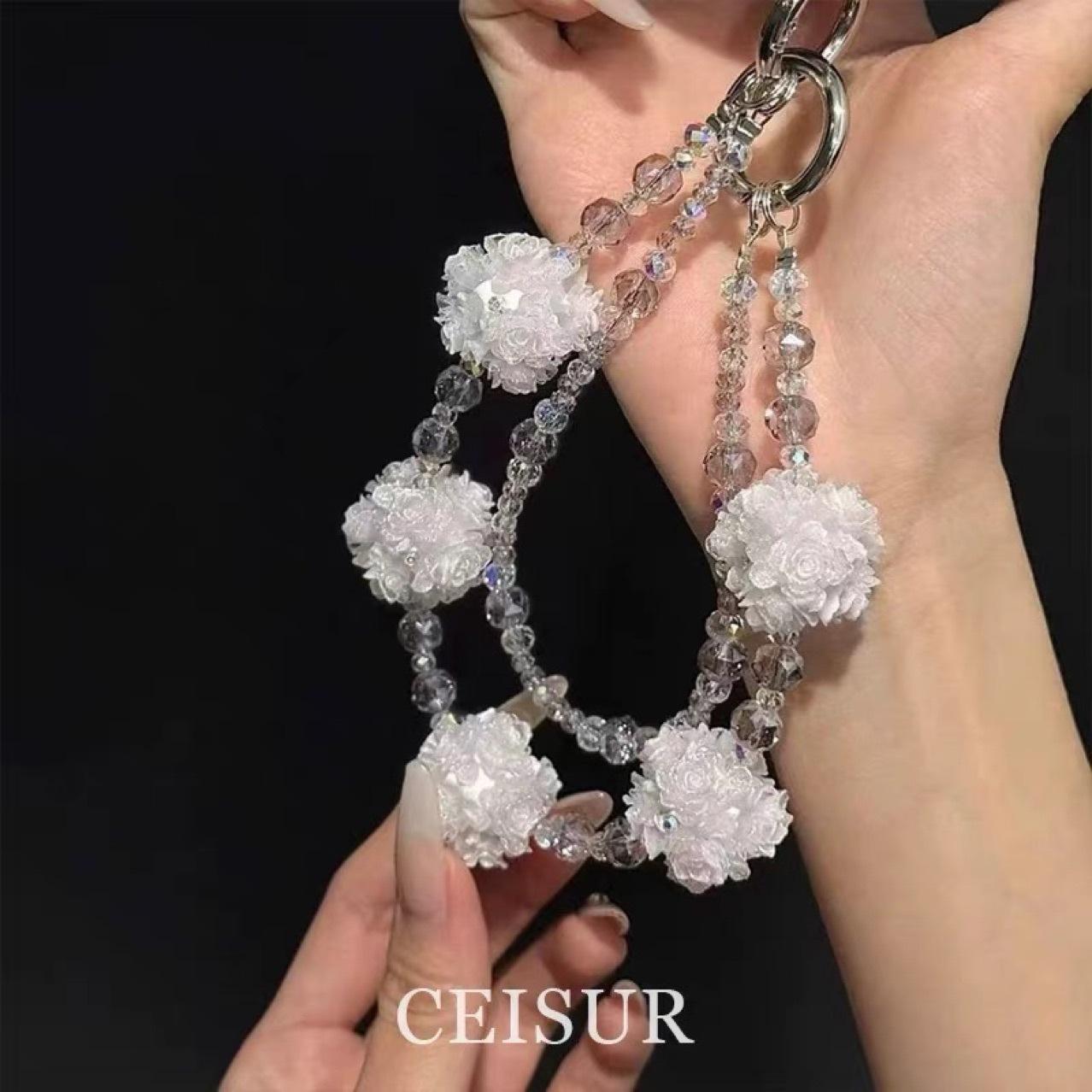 Mobile phone lanyard, luminous color-changing flower ball strap, bag crystal pendant, personalized and stylish car accessory