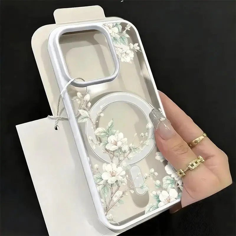 Delicate White Blossom Branch Smartphone Shell - Acrylic Protect Cover, Watercolor Floral Aesthetic Frost Finish Matte Shockproof, Slim Magnetic Charging Compatible Phone Accessory for iPhone Models, Easy to Clean