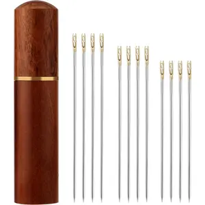 12pcs Self Threading Needles, 3 Sizes Top Hanging Embroidery Blind Needles Kit with Sandalwood Needle Box for DIY Knitting Stitching Mending Sewing Projects (Gold)
