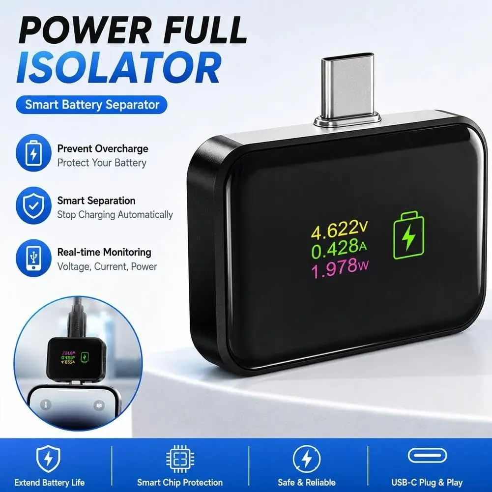 Intelligent fully charged isolation switch | overcharge/overvoltage/short circuit protection+automatic power-off+charging separation | compatible with mobile phones/tablets/USB devices, with LED indicator, Smart Battery Separator
