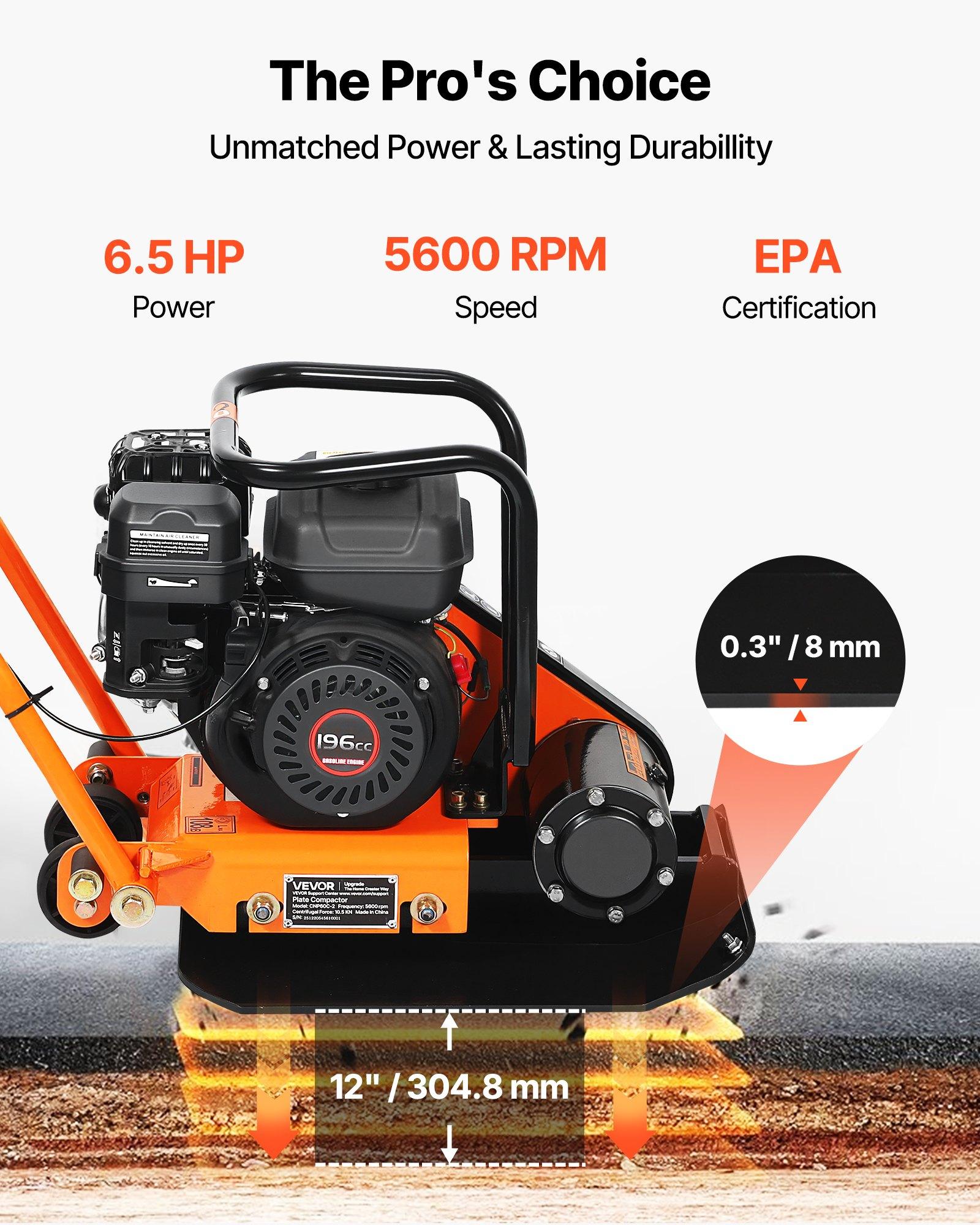 VEVOR Plate Compactor, 6.5 HP 196CC Gas Engine, 5600 VPM Vibrating Ground Rammer, 2360 lbs Compaction Force, 20.1 x 15 in Plate, Walk Behind Compactor for Paver Landscaping, Asphalt, Foundation, Soil