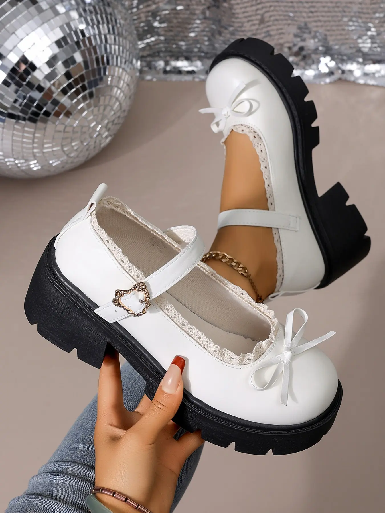 Japanese Style College Wind Mary Jane Shoes, Lace Trim Bow Thick Sole Anti-Slip, Comfortable Round Toe PU Leather, All Seasons