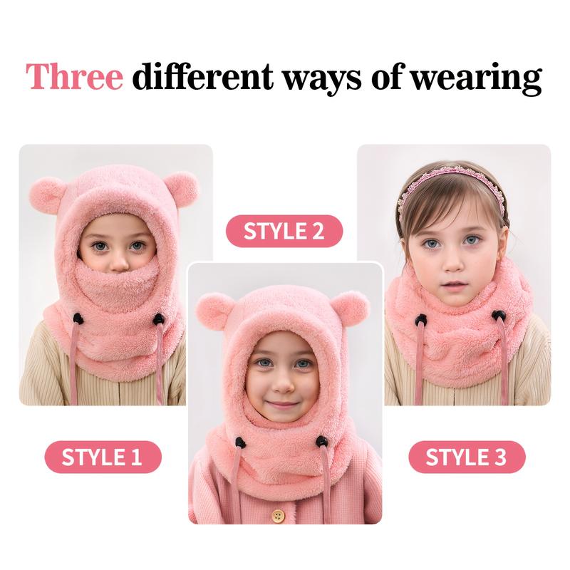 Kids Winter Cute Ear Warm Balaclava with Hood - Lightweight Windproof Face Mask for Outdoor Skiing & Cycling, Thickened Polyester, Adjustable Drawstring, Machine Washable, White with Black Accents