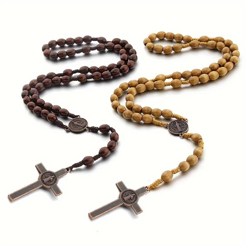 Wooden Rosary Necklace with Crucifix Cross, Handmade 10mm Catholic Prayer Beads for Men and Women, Casual Religious Jewelry, Wearable as a Bracelet or Accessory Charm, Crucifix Necklaces, Artisanal Handmade Necklaces