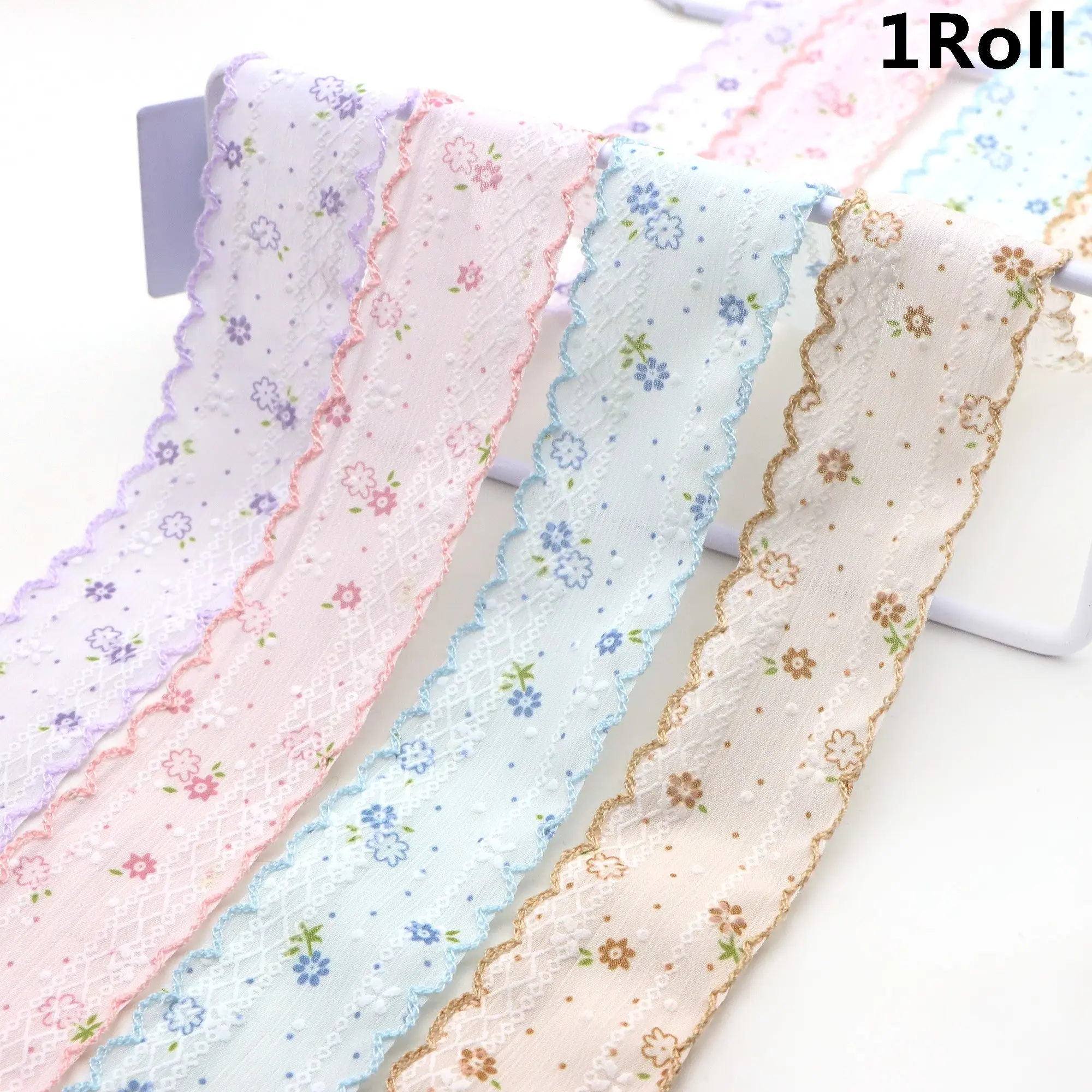 5yards Chiffon Fabric Ribbon Roll 38mm/1.5in, Vintage Floral Lace Ribbon for Gift Packaging Wrapping Bouquet Party Decoration DIY Hair Bows Crafts Ditsy Small Flower Scalloped Edge Fabric Trim