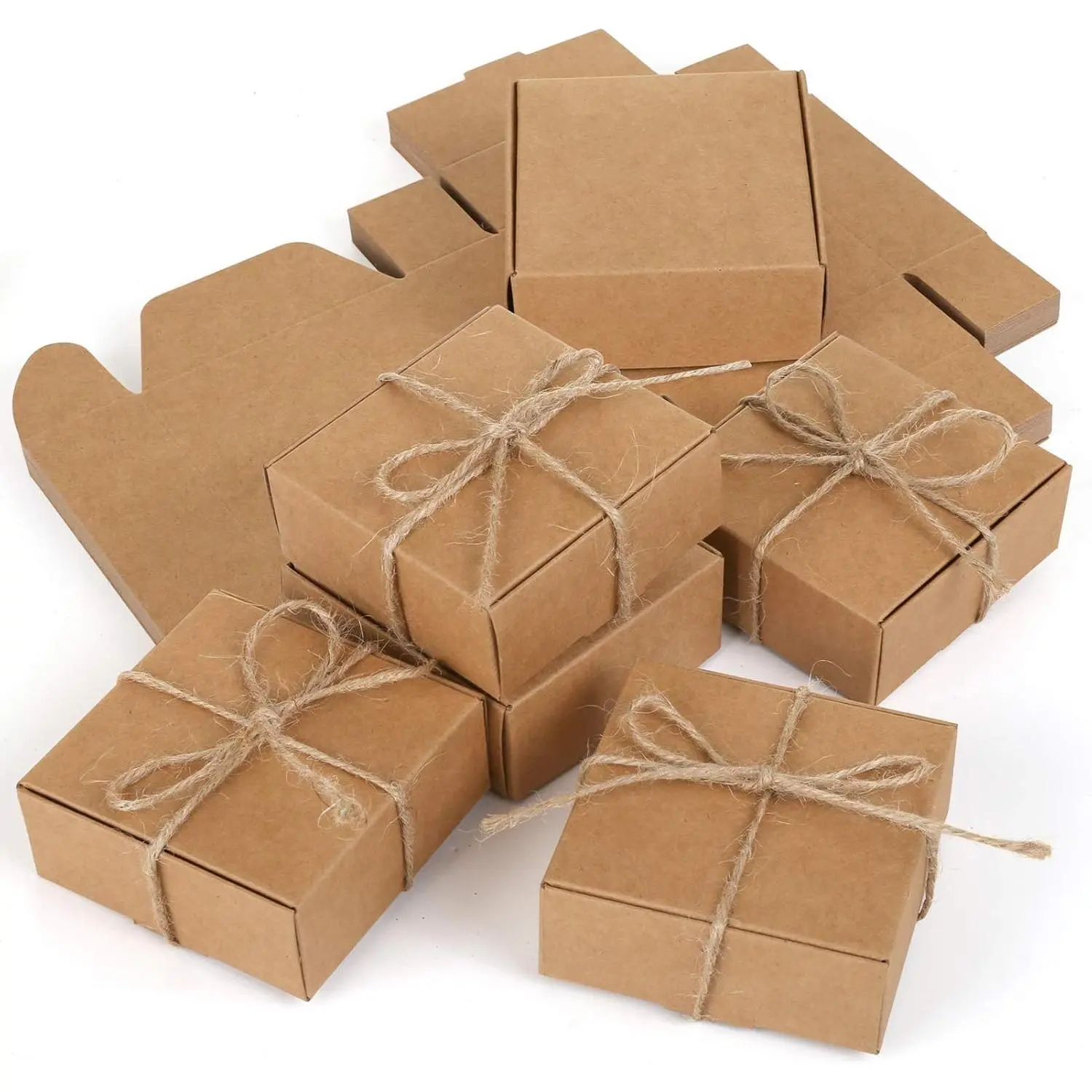 24 count Small  Boxes with Ribbon - 3x3x1.2in Mini  Boxes for Crafts, Sturdy Cardboard Boxes for Packaging Small Business,  , Party Favors(Brown)