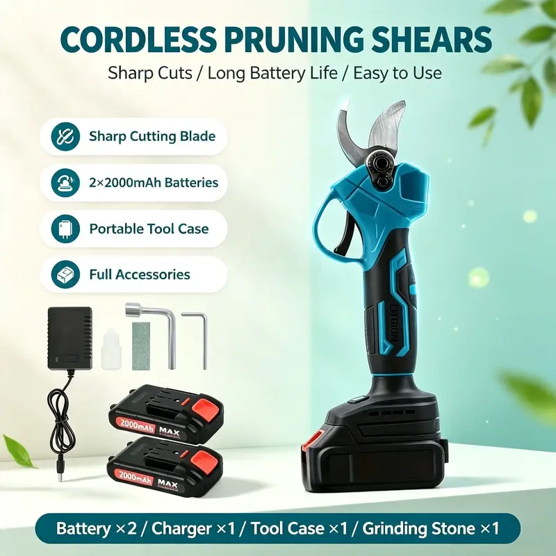 Upgraded electric cordless pruning shears, branch cutter, equipped with 2000mAh*2 rechargeable batteries, suitable for pruning garden trees, garden landscaping, and courtyard decoration