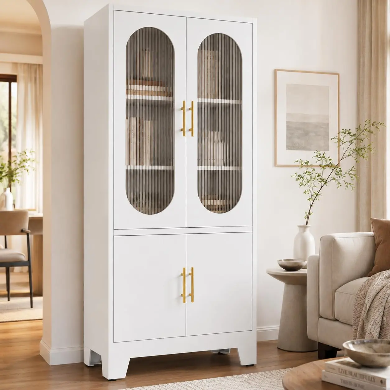 White Modern Tall Cold Rolled Steel Storage Cabinet - Arc Top Fluted Glass Door, Solid Bottom Locker Organizer for Garage, Office