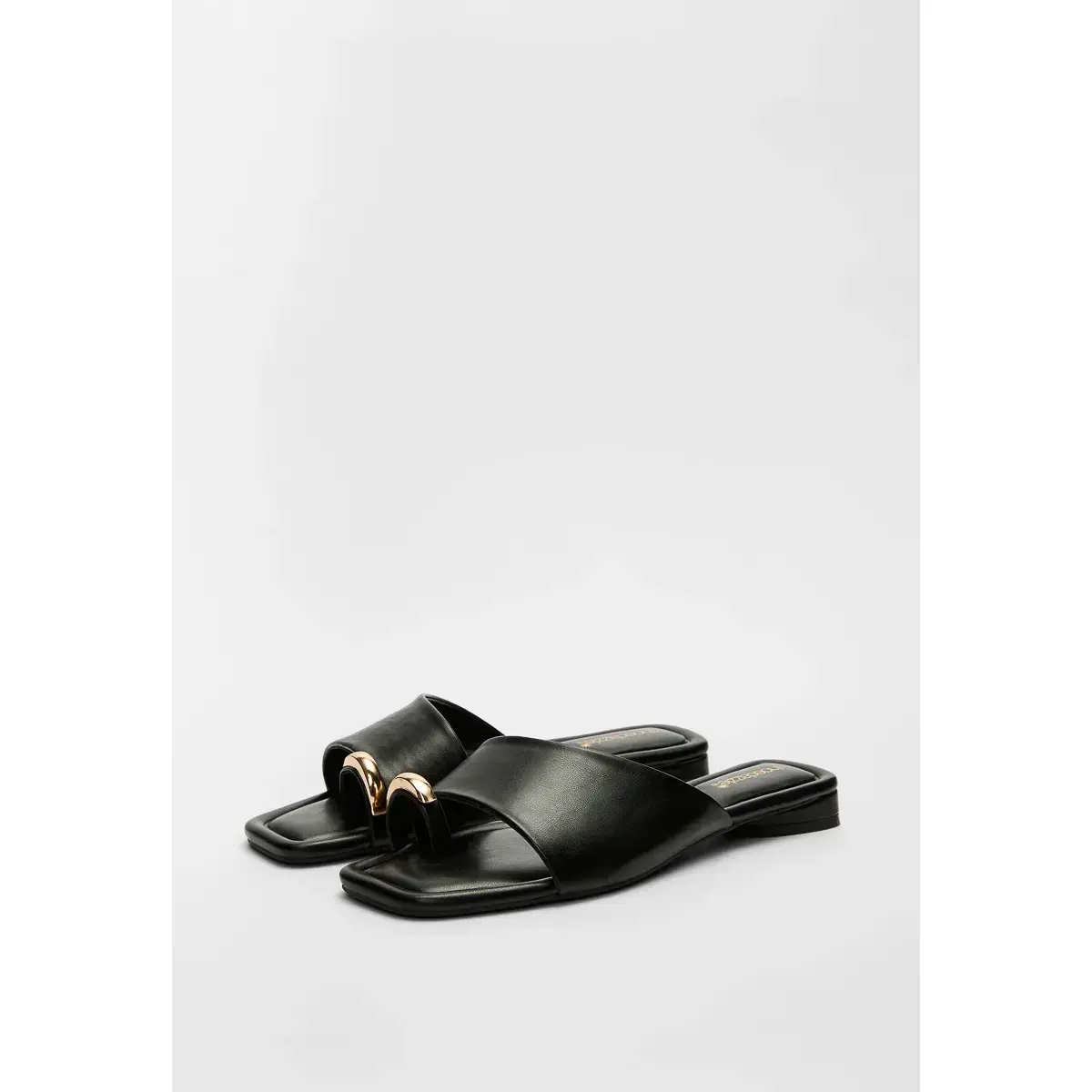 JUST FAB Women's Gold Toe Ring Flat Slide Sandals Leather Toe Ring Slide Mules Flat Sole Single Wide Strap Square Open Toe Slip-On Minimal Summer Sandals