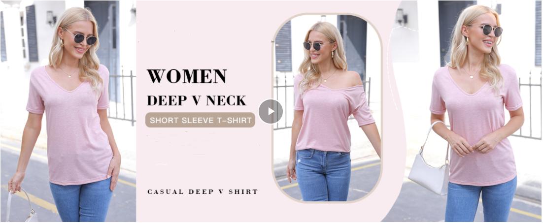 Imily Bela Women Fashion Deep V-Neck Short Sleeve Tops Solid Casual Loose Basic T Shirt