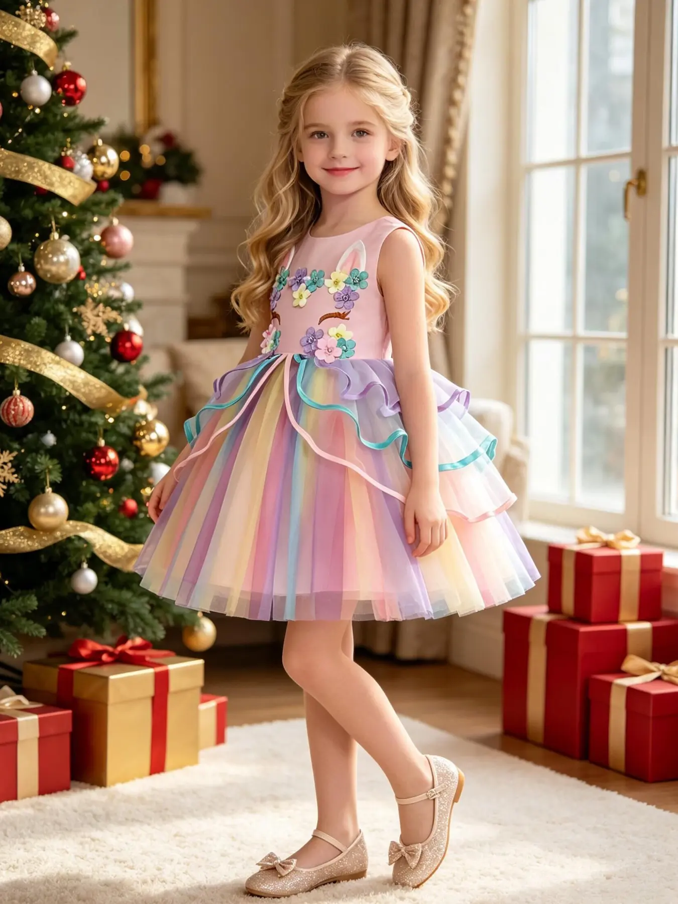 New Unicorn Short Dress, Colorful Mesh Patchwork Dress, Girl Princess Pretend Play Dress, Halloween Themed Costume, Birthday Party, School Festival Dress