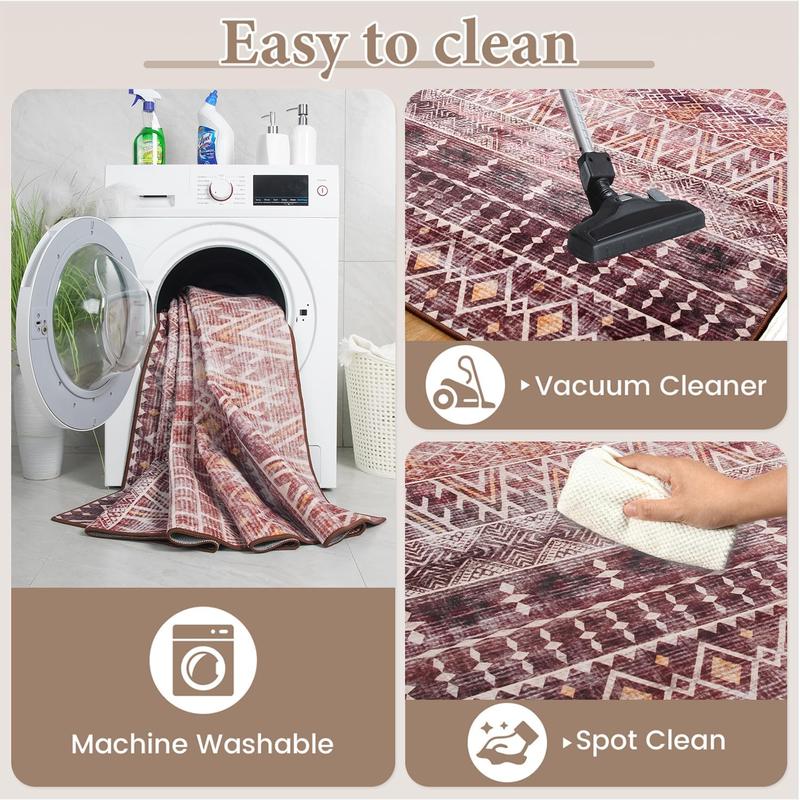 8x10 Washable Bohemian Print Area Rug with Geometric Pattern,Non-Slip Backing Indoor Modern Floor Mat,Low Pile Rug for Living Room,Bedroom,Dining Room,Dorm Home Decor, Red, Light Grey, Green,4x6,5x7,6x9,8x10 Feet