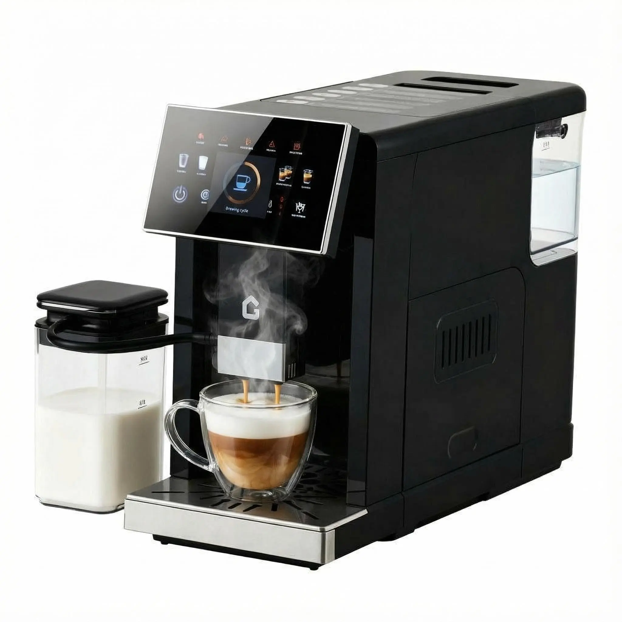 Garvee Super Automatic Espresso Machine with Built-in Grinder and Milk Frother, 19 One-Touch Drinks, 7 Touchscreen, Self-Cleaning, Removable Brewer, Adjustable Grinder, Detachable Milk Tank, Ideal for Home Baristas