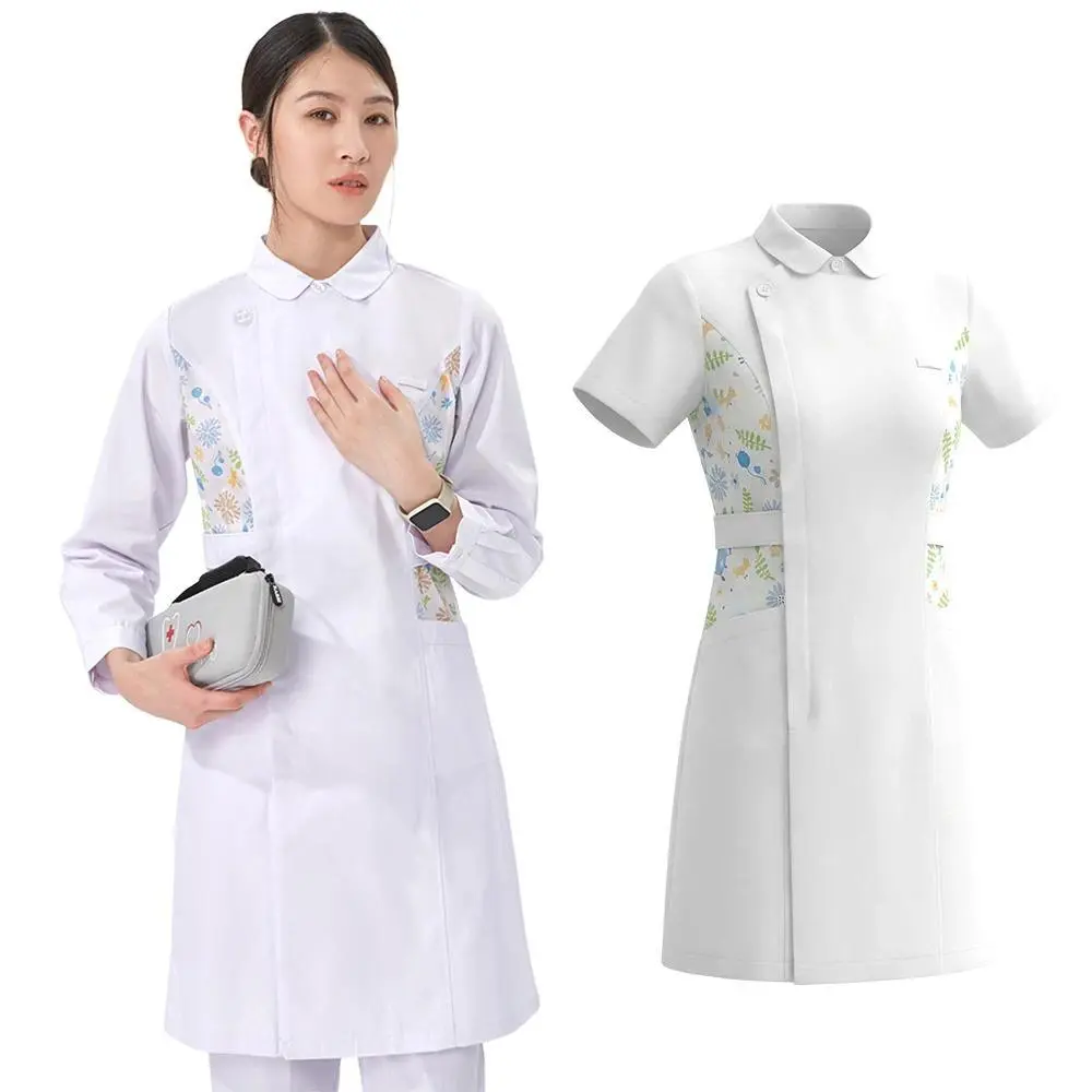 Women's Printed Collared Nursing Uniform Dress - Breathable Polyester Cotton Workwear, All Seasons, Long Sleeve, Knee-Length, Plus Size, for Hospital Staff, Not Applicable to Full Length, Women's Clothing Set, Collared Neck