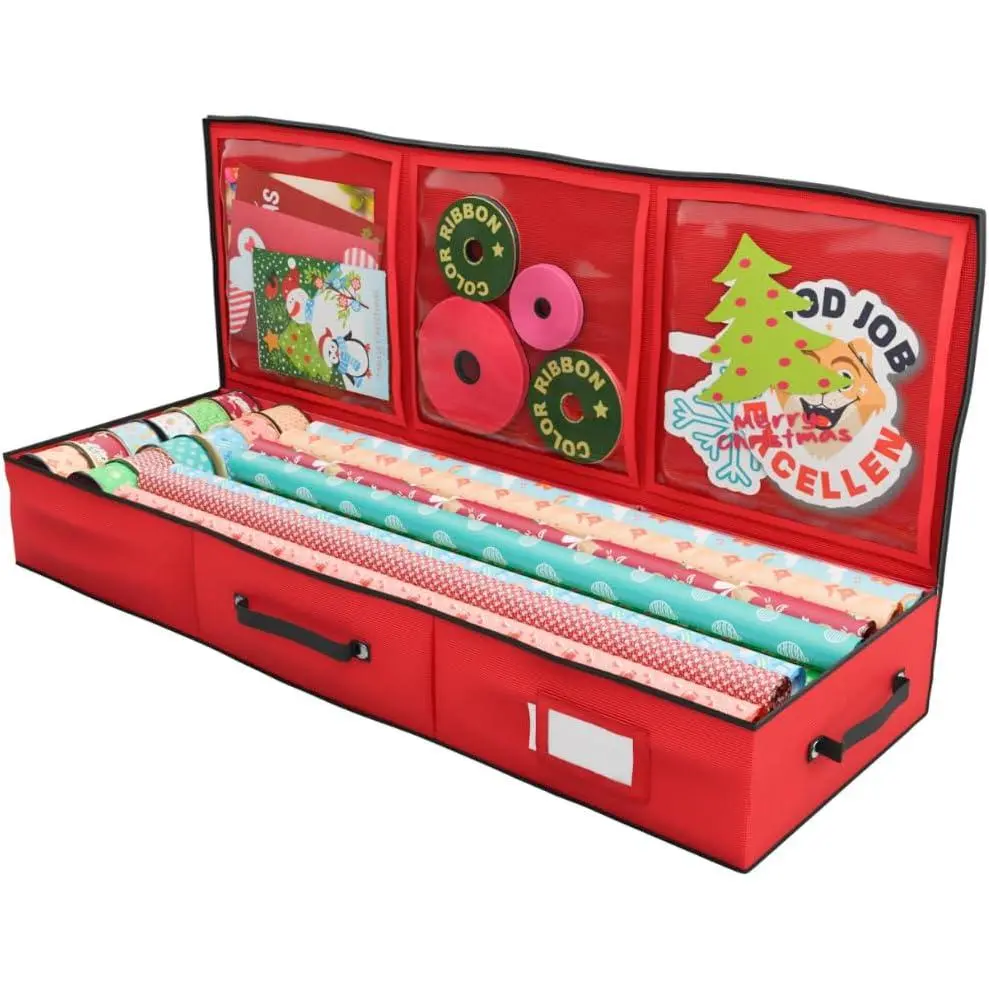 Wrapping Paper Storage Container |  Wrap Organizer Under Bed | 41”x14”x6” | Fits 18-24 Rolls Up to 40” | 600D Oxford | Box Holder with Pockets for Ribbon, Bows and Accessories (Red)