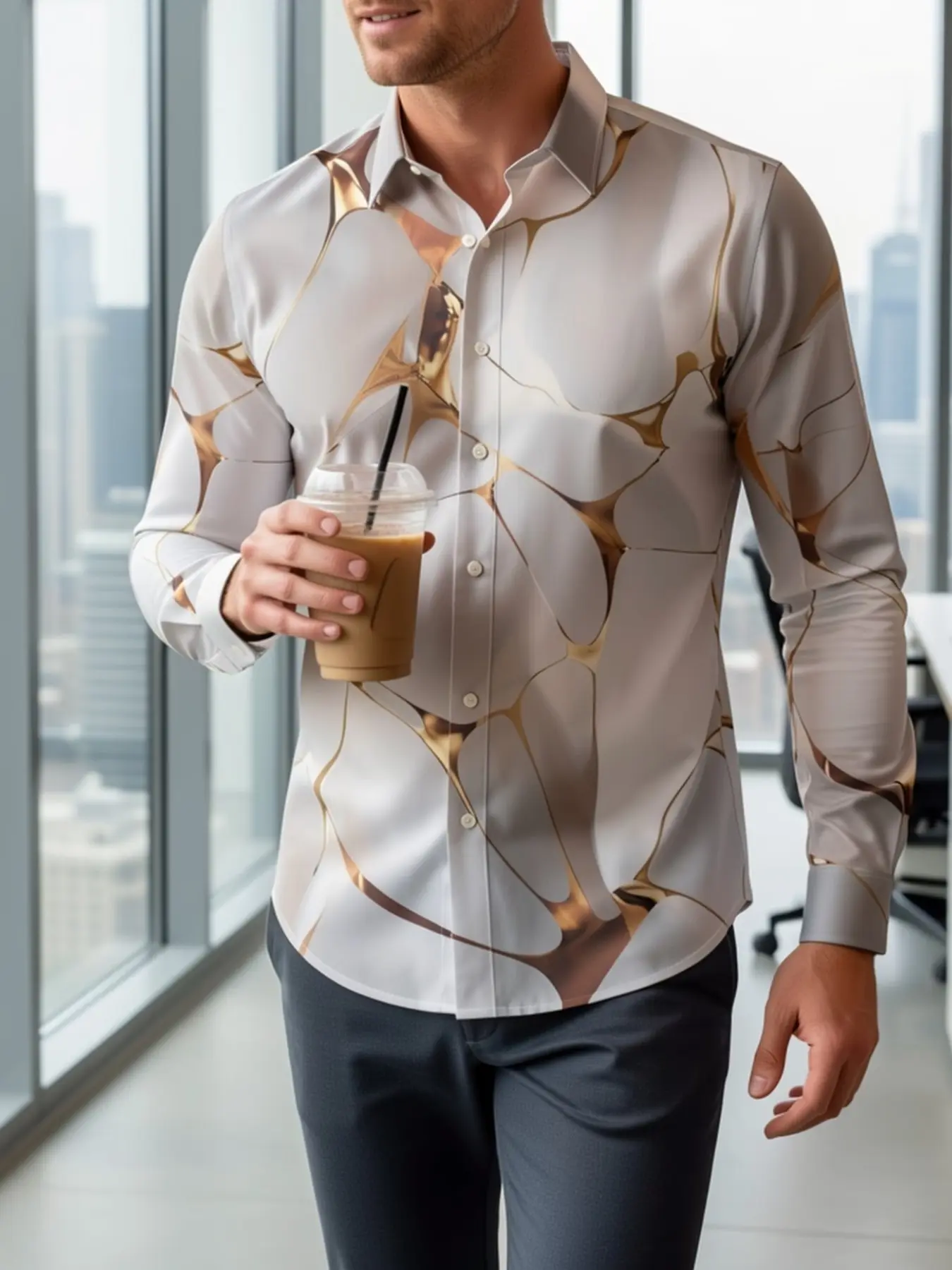 Men's premium gold-marble textured long-sleeve polo shirt with a luxurious feel, printed slim-fit shirt, European and American business casual stylish versatile men's shirt