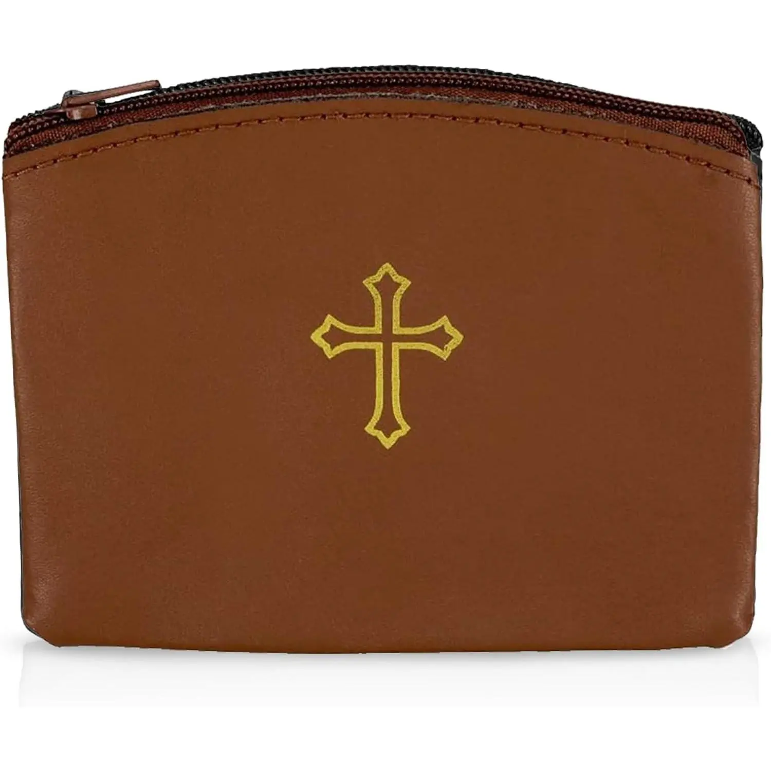 Genuine Leather Rosary Pouch with Zipper and Cross Imprint, Brown - Perfect Rosary Holder for Easter, Lent, and Religious Events - Ideal Catholic Case for Men and Women