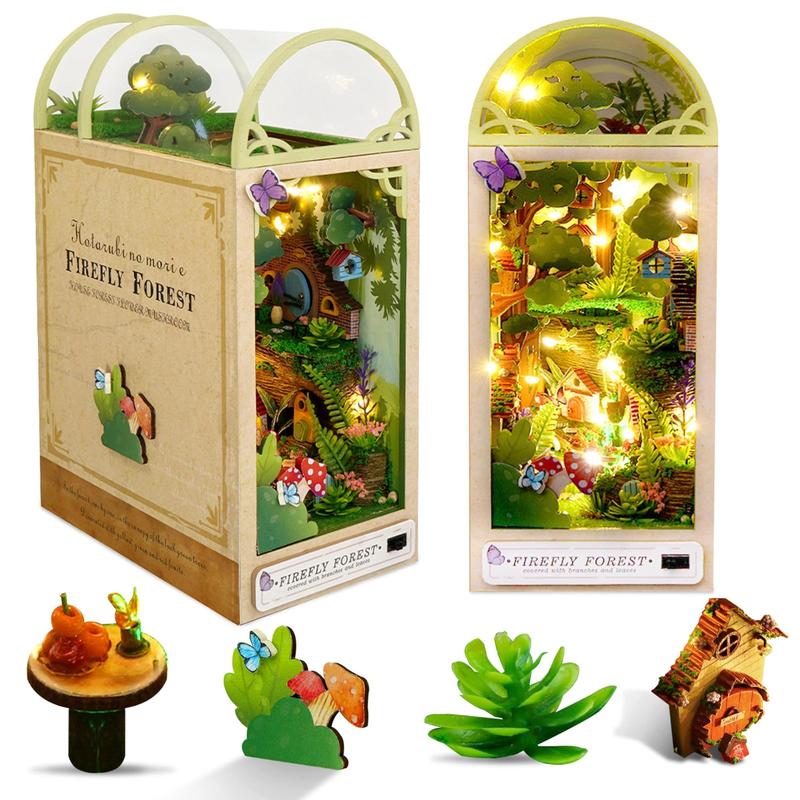 DIY Country Style Wooden Book Nook Kit with LED Light, 1 Set 3D Wooden Puzzle, 3D Desktop Decoration Ornament, DIY Model Kit for Bookshelf Decoration
