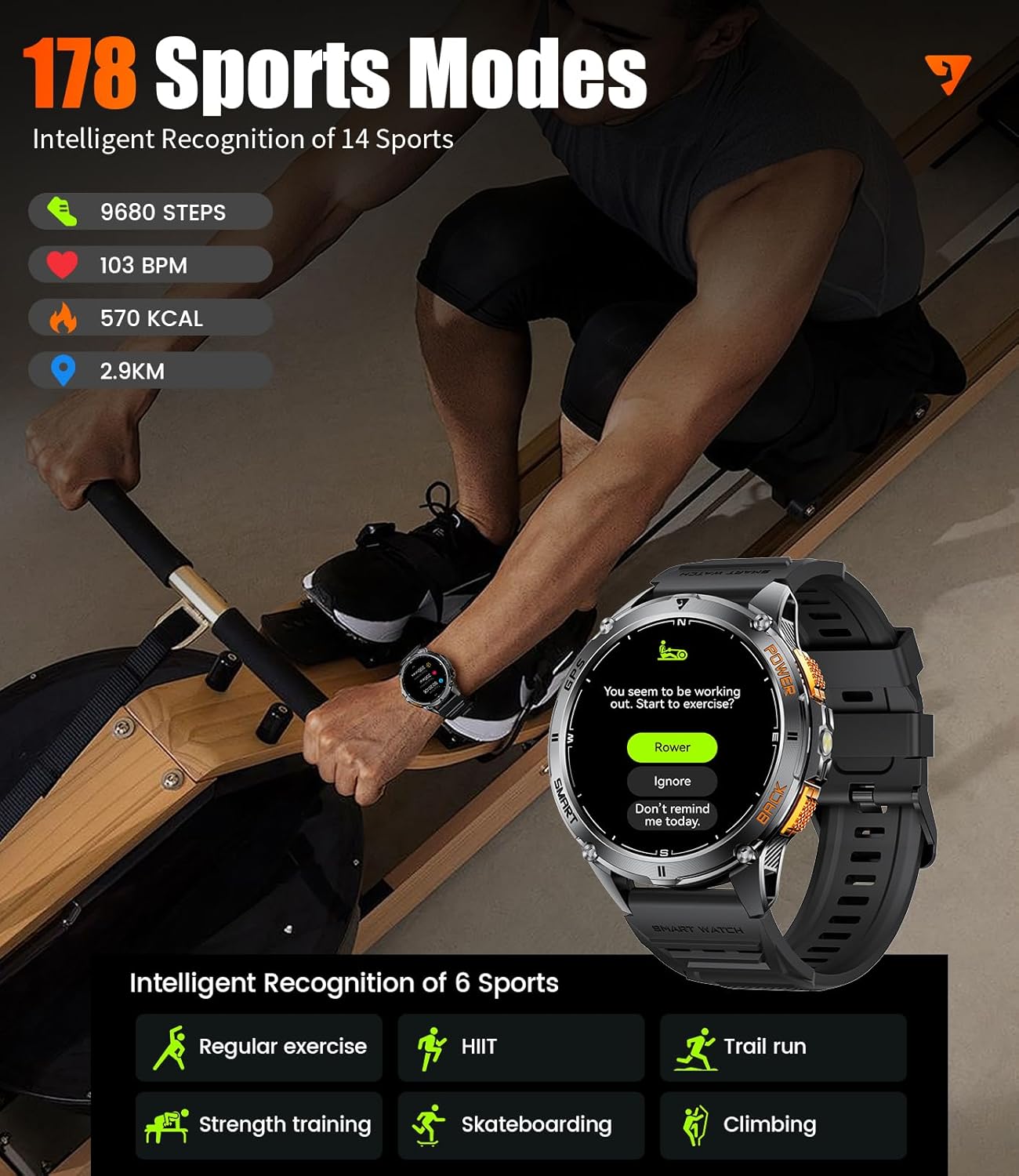 IP68 Waterproof Smart Watch for Men 170+ Sports Modes Swim Mode Pedometer Fitness Tracker Compatible with Android and iPhone