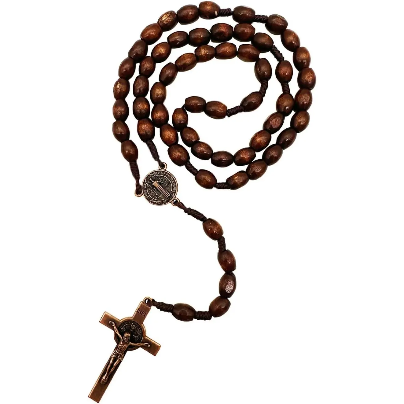 Saint Benedict Medal Prayer Pocket Rosary Catholic Brown  Beads with Medalla de san benitol and Crucifix, 9 Inch
