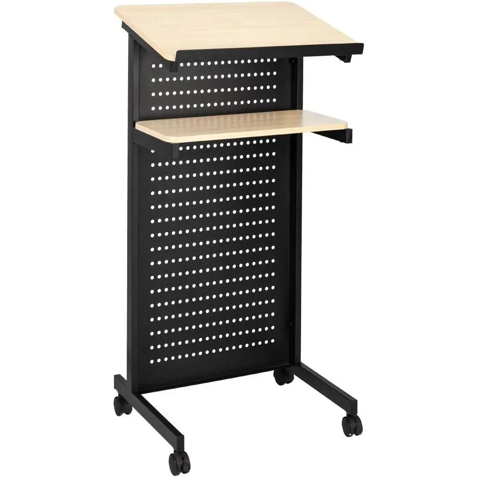 Steel Height-Adjustable Portable Podium Stand with Wheels, Storage Shelf, Edge Stopper & Protector, Rolling Lectern for Church, Classroom Lecture Speech Platform (Yellow & Black)