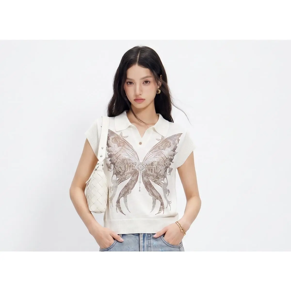 TCH - K Y2K Rhinestone Butterfly Knit Polo Top Women Off White Cap Sleeve V-Neck Sweater Aesthetic Fairycore Vintage Graphic Crop Knitwear